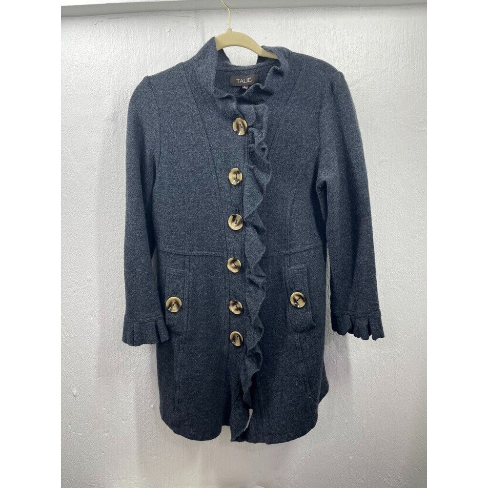 TALIE WOMENS LARGE BUTTON UP GRAY WOOL RUFFLES SWEATER CARDIGAN